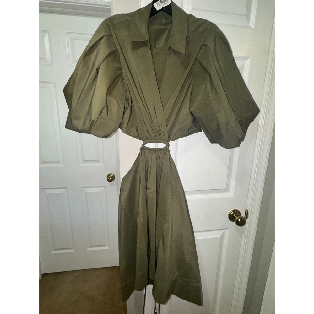 Jonathan Simkhai Olive Green Cutout Ring Mini Dress Puff Sleeve XL - Picture 4 of 8